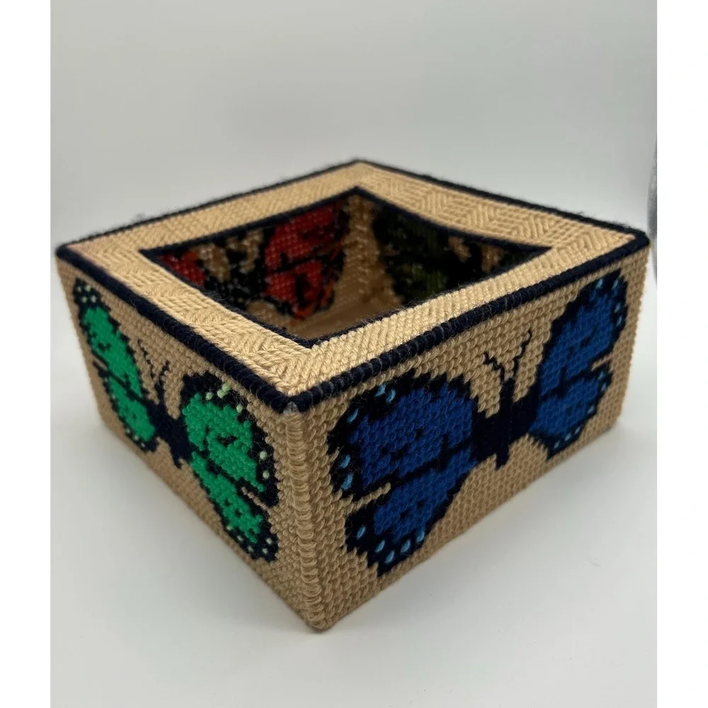Handmade Needlepoint Butterfly Tissue Box Cover Yarn Art Cottagecore Decor